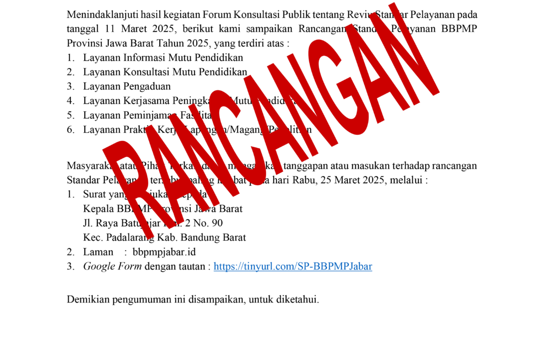 Rancangan Standar Pelayanan  BBPMP Provinsi Jawa Barat Tahun 2025